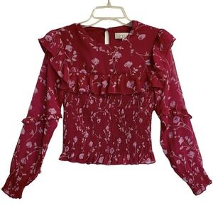 WAYF Floral Blouse Top Dark Pink Long-Sleeved Smocked Ruffles Size XS Pe…